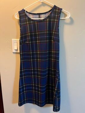 BJewel Navy Plaid Sleeveless Dress Made in USA Y2K Stretchy Large
